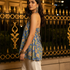 Blue Floral Handblock Printed Cotton Halter Neck Top
