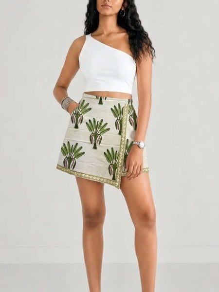 Hand Block Printed Palm Motif Wrap Skort