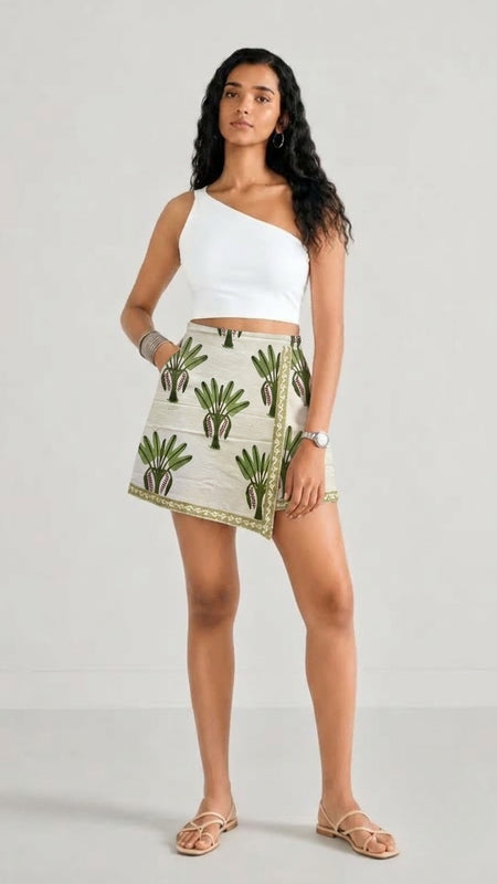 Hand Block Printed Palm Motif Wrap Skort