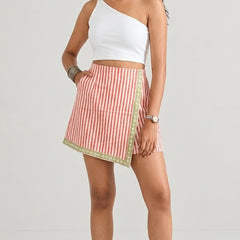 Red & White Striped Printed Wrap Skort
