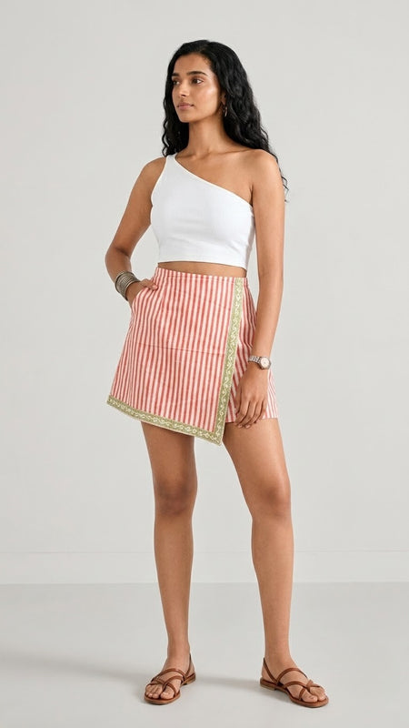 Red & White Striped Printed Wrap Skort