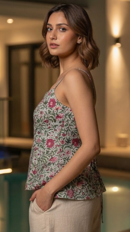 Sage Green Floral Printed Cotton Sleeveless Top