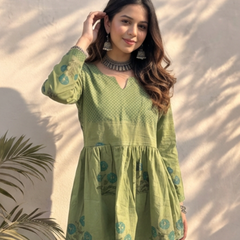 Olive Green Handblock Printed Cotton Peplum Top