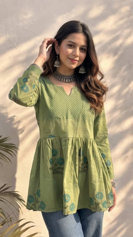 Olive Green Handblock Printed Cotton Peplum Top