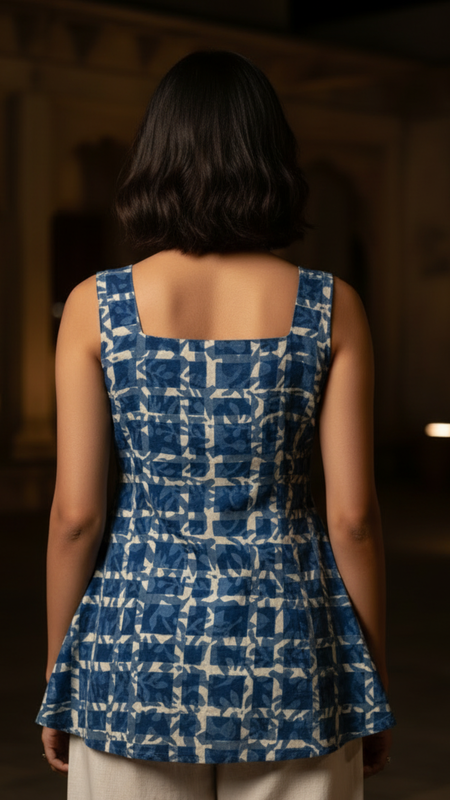 Indigo Printed Cotton Sleeveless Flared Top
