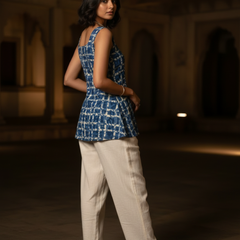 Indigo Printed Cotton Sleeveless Flared Top