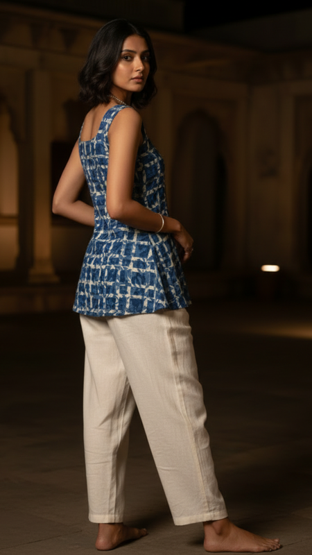 Indigo Printed Cotton Sleeveless Flared Top