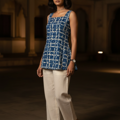 Indigo Printed Cotton Sleeveless Flared Top