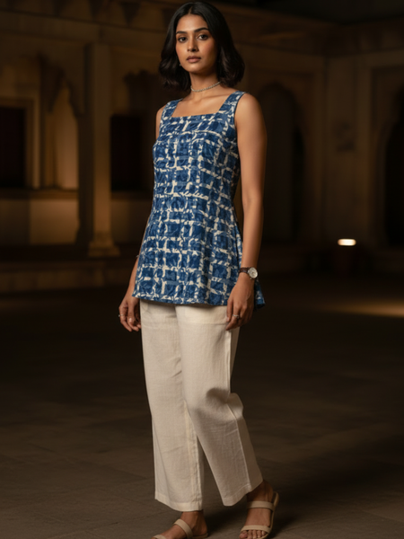 Indigo Printed Cotton Sleeveless Flared Top
