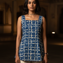 Indigo Printed Cotton Sleeveless Flared Top