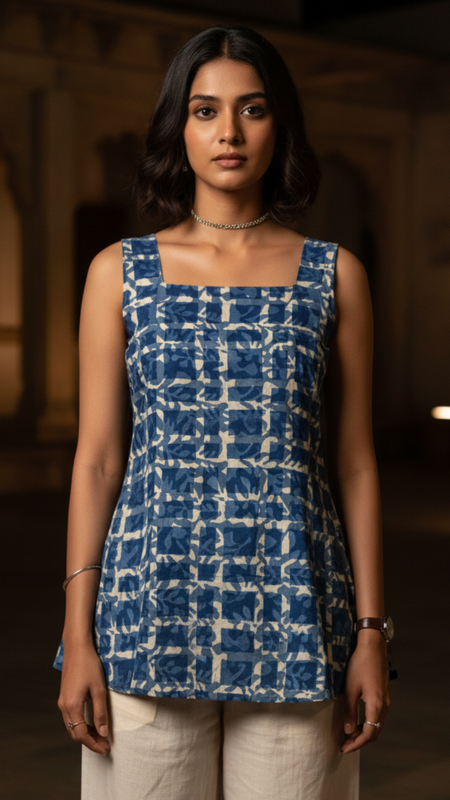 Indigo Printed Cotton Sleeveless Flared Top