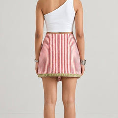 Red & White Striped Printed Wrap Skort