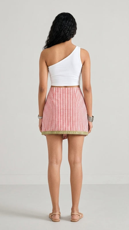 Red & White Striped Printed Wrap Skort