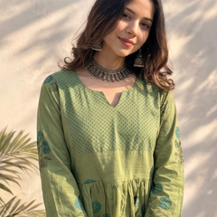 Olive Green Handblock Printed Cotton Peplum Top