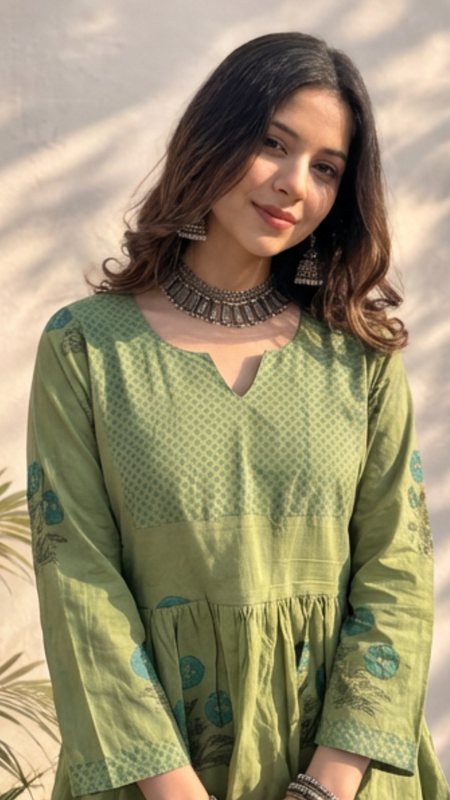 Olive Green Handblock Printed Cotton Peplum Top