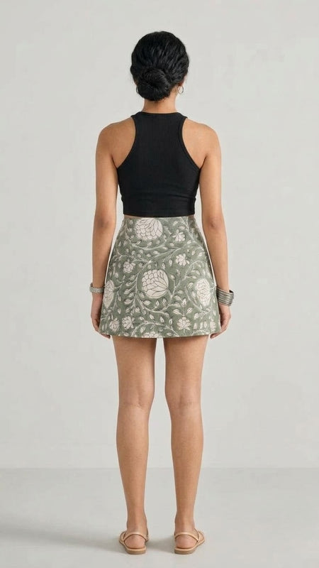 Sage Green Floral Printed Wrap Skort