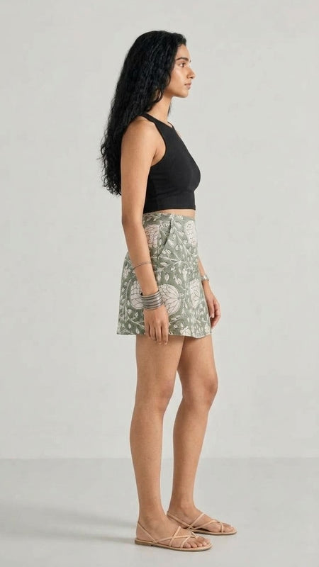 Sage Green Floral Printed Wrap Skort