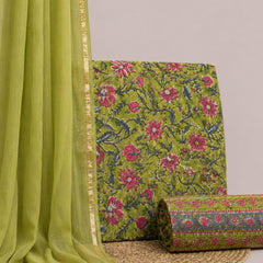 Lime Green Printed Cotton Fabric for Suits, Kurtis, Co-Ord Sets, Dresses & Ethnic Wear.