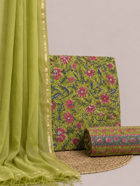 Lime Green Printed Cotton Fabric for Suits, Kurtis, Co-Ord Sets, Dresses & Ethnic Wear.