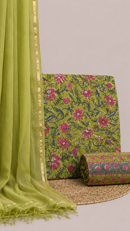 Lime Green Printed Cotton Fabric for Suits, Kurtis, Co-Ord Sets, Dresses & Ethnic Wear.
