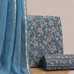 Sky Blue Printed Cotton Fabric for Suits, Kurtis, Co-Ord Sets, Dresses & Ethnic Wear.