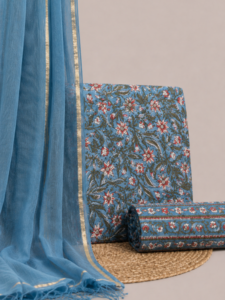 Sky Blue Printed Cotton Fabric for Suits, Kurtis, Co-Ord Sets, Dresses & Ethnic Wear.