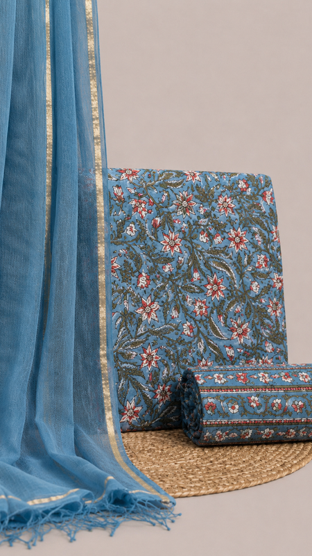 Sky Blue Printed Cotton Fabric for Suits, Kurtis, Co-Ord Sets, Dresses & Ethnic Wear.