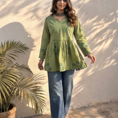 Olive Green Handblock Printed Cotton Peplum Top