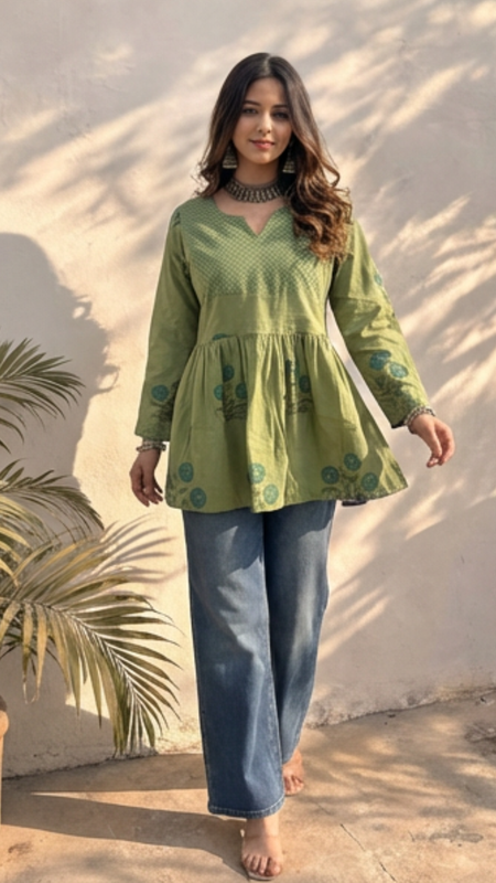 Olive Green Handblock Printed Cotton Peplum Top