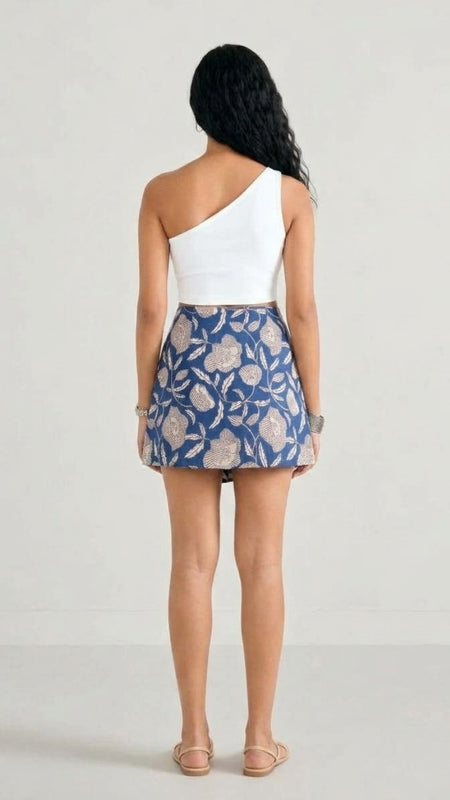 Blue Floral Printed Wrap Skort