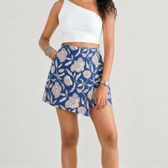 Blue Floral Printed Wrap Skort