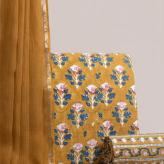 Mustard Yellow Printed Cotton Fabric for Suits, Kurtis, Co-Ord Sets, Dresses & Ethnic Wear.