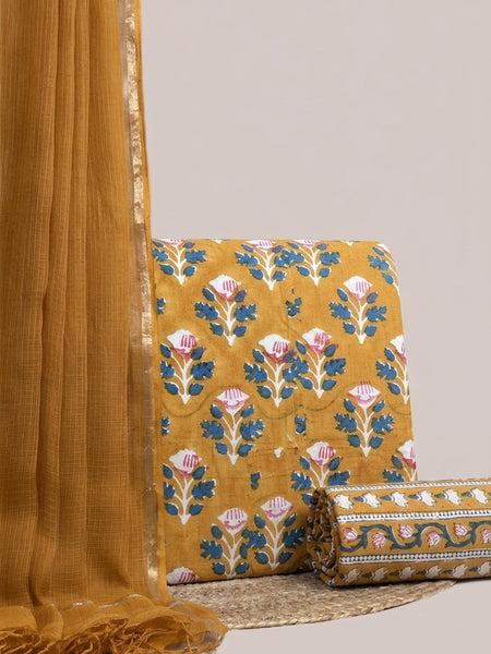 Mustard Yellow Printed Cotton Fabric for Suits, Kurtis, Co-Ord Sets, Dresses & Ethnic Wear.