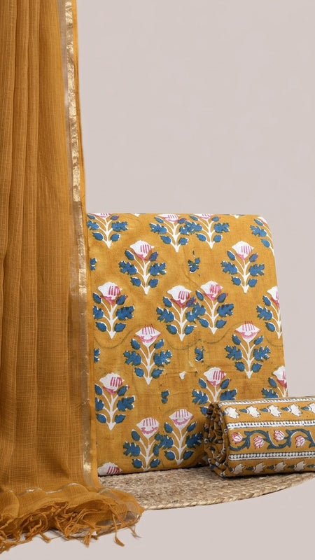 Mustard Yellow Printed Cotton Fabric for Suits, Kurtis, Co-Ord Sets, Dresses & Ethnic Wear.