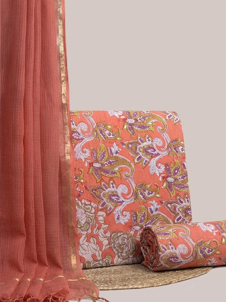 Peach Orange Printed Cotton Fabric for Suits, Kurtis, Co-Ord Sets, Dresses & Ethnic Wear.