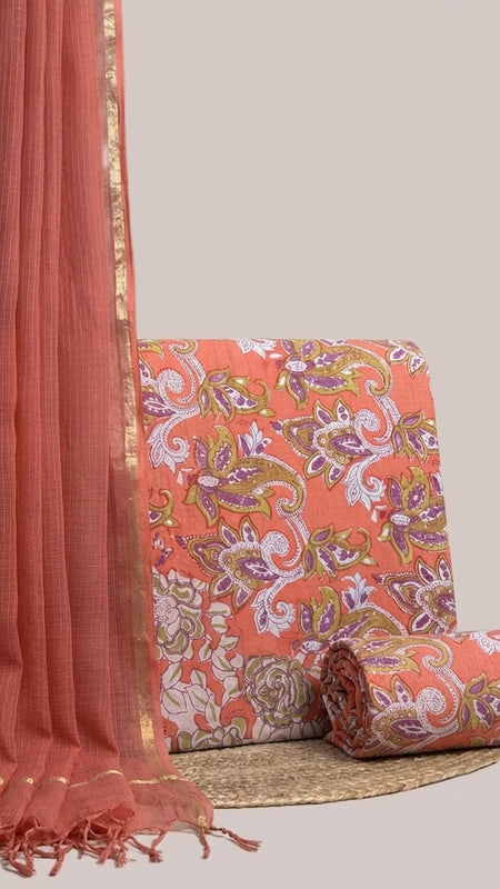 Peach Orange Printed Cotton Fabric for Suits, Kurtis, Co-Ord Sets, Dresses & Ethnic Wear.