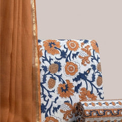 Off White with Rust Orange Printed Cotton Fabric for Suits, Kurtis, Co-Ord Sets, Dresses & Ethnic Wear.