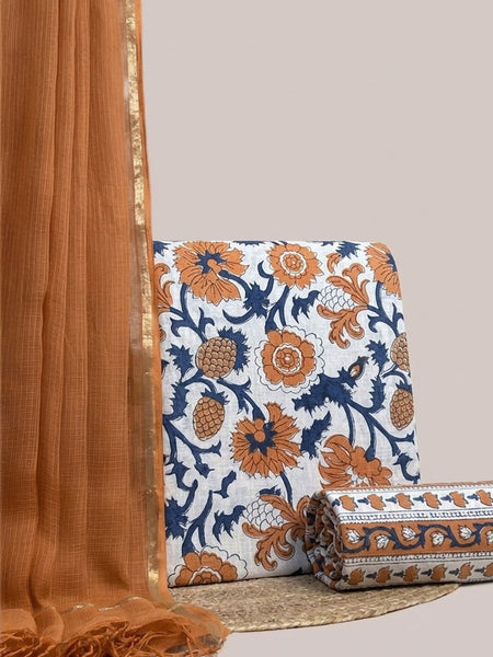Off White with Rust Orange Printed Cotton Fabric for Suits, Kurtis, Co-Ord Sets, Dresses & Ethnic Wear.