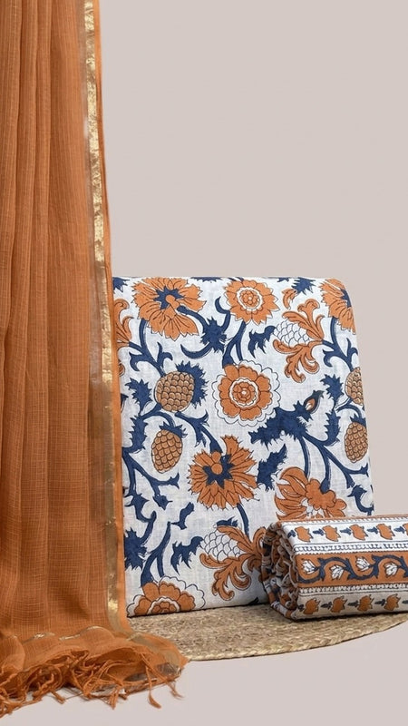 Off White with Rust Orange Printed Cotton Fabric for Suits, Kurtis, Co-Ord Sets, Dresses & Ethnic Wear.