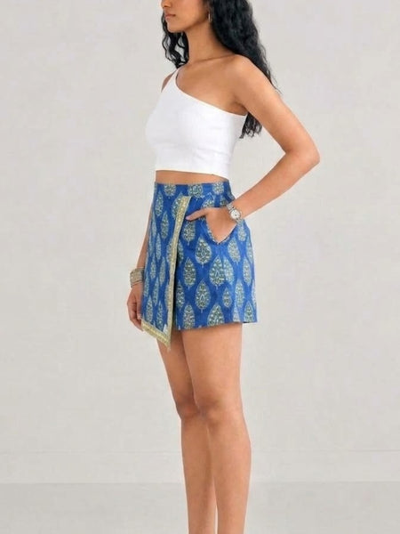 Peacock Motif Printed Wrap Skort