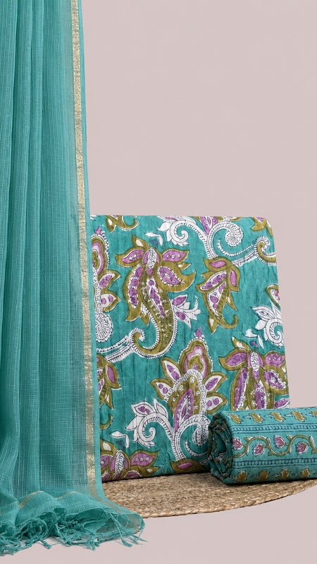 Sky Blue Printed Cotton Fabric for Suits, Kurtis, Co-Ord Sets, Dresses & Ethnic Wear.