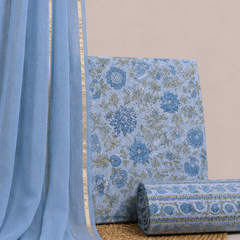 Ice Blue Printed Cotton Fabric for Suits, Kurtis, Co-Ord Sets, Dresses & Ethnic Wear.