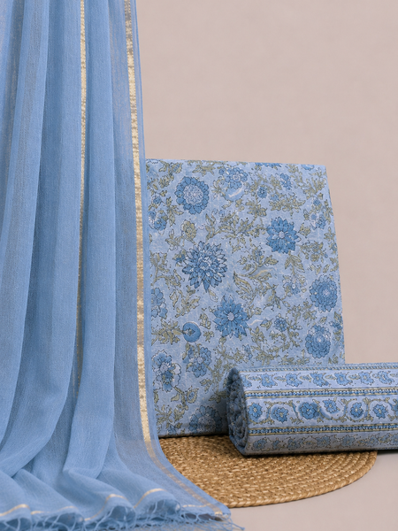 Ice Blue Printed Cotton Fabric for Suits, Kurtis, Co-Ord Sets, Dresses & Ethnic Wear.