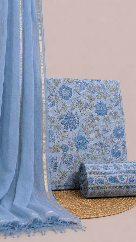 Ice Blue Printed Cotton Fabric for Suits, Kurtis, Co-Ord Sets, Dresses & Ethnic Wear.