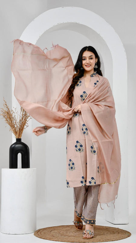 Chhaape Neela Coffee Cotton Suit Set with Chanderi Dupatta