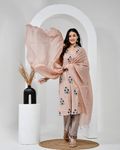 Chhaape Neela Coffee Cotton Suit Set with Chanderi Dupatta