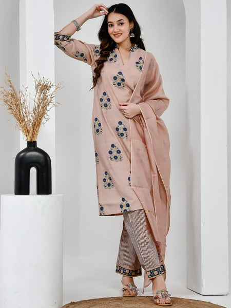Chhaape Neela Coffee Cotton Suit Set with Chanderi Dupatta