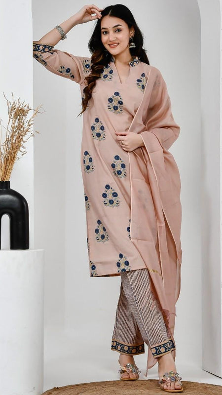 Chhaape Neela Coffee Cotton Suit Set with Chanderi Dupatta