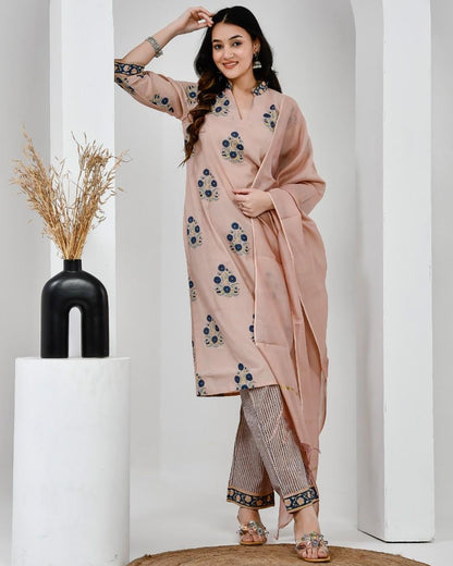 Chhaape Neela Coffee Cotton Suit Set with Chanderi Dupatta