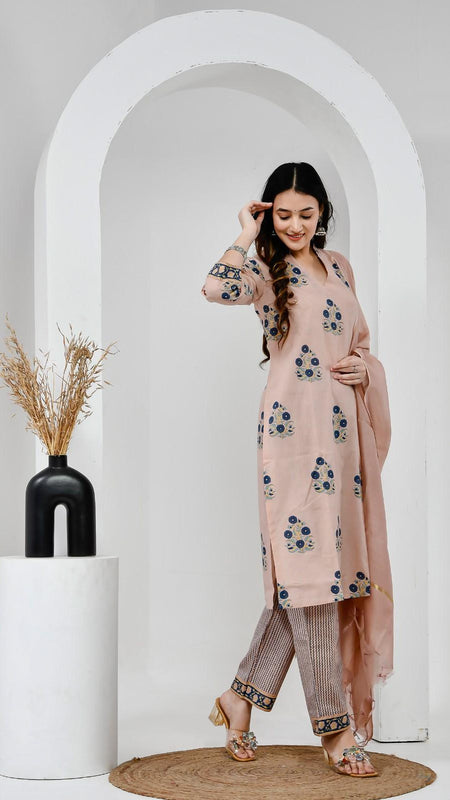 Chhaape Neela Coffee Cotton Suit Set with Chanderi Dupatta